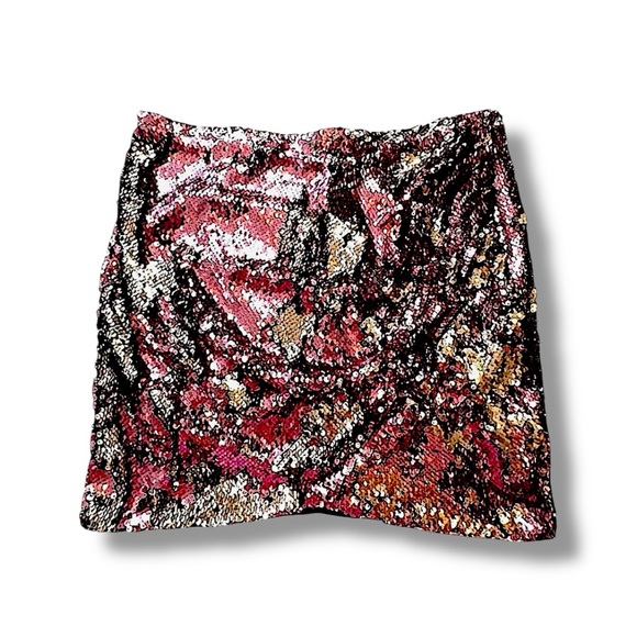 TOPSHOP Pink Gold Mauve Sequin Ruched front Mini Skirt 8 - Picture 2 of 6